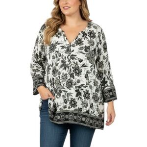 Lucky Brand Boho Floral Long Sleeve V Neck Popover Blouse 2X Black White